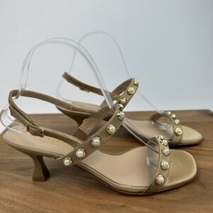 New NWOB Jon Josef Imitation Pearl Sand Gold Satin Kitten Heels Sandals Size 8 M